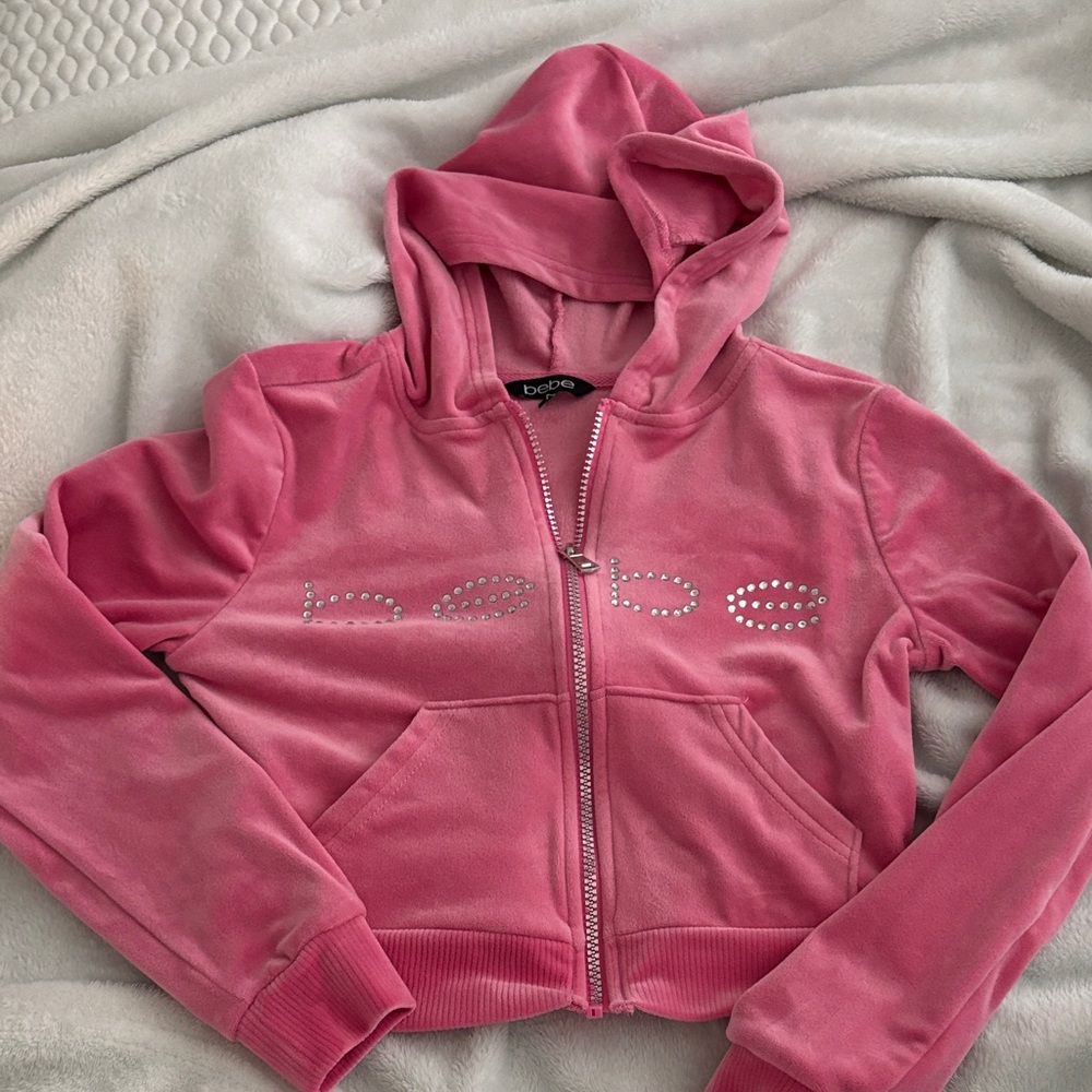 Bebe Fuchsia Velour Zip-Up Crop Top Jacket